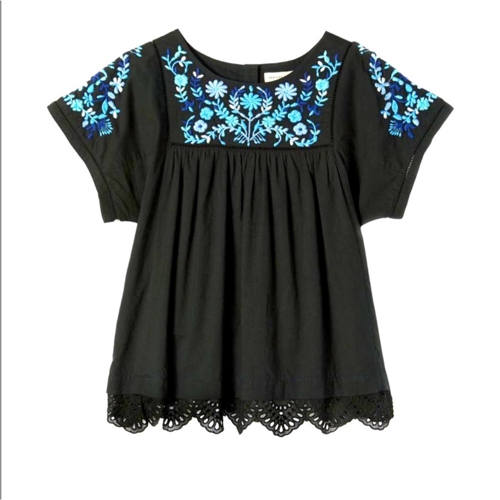 Rebecca Taylor Folk Garden Boho Embroidery Scallop Hem Short Sleeve Blouse Top
